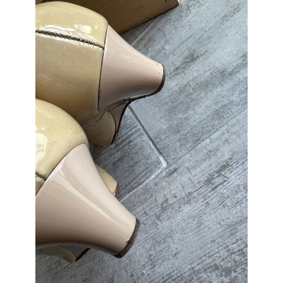 $675 JIMMY CHOO Patent Leather Nude Wedge Pump Peep Toe Designer Classic READ 8 - Picture 10 of 12